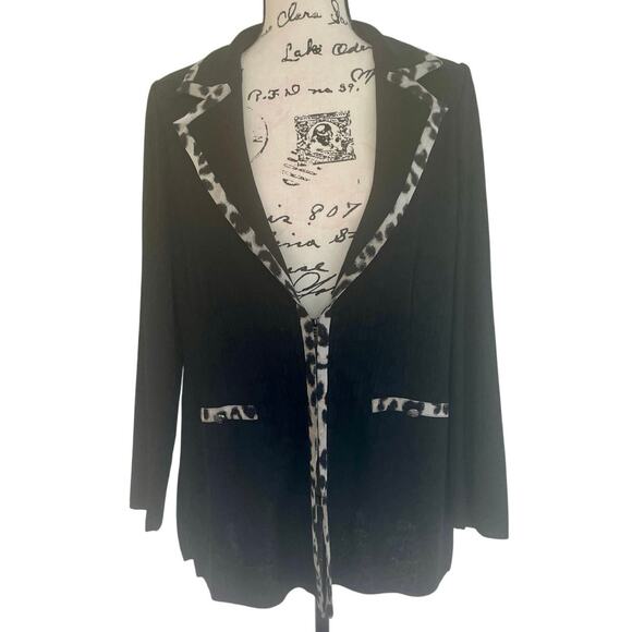 MING WANG BLAZER KNIT TAILORED BLACK LEOPARD TRIM SZ M SHOULDER PADDED AESTHETIC - Picture 2 of 16